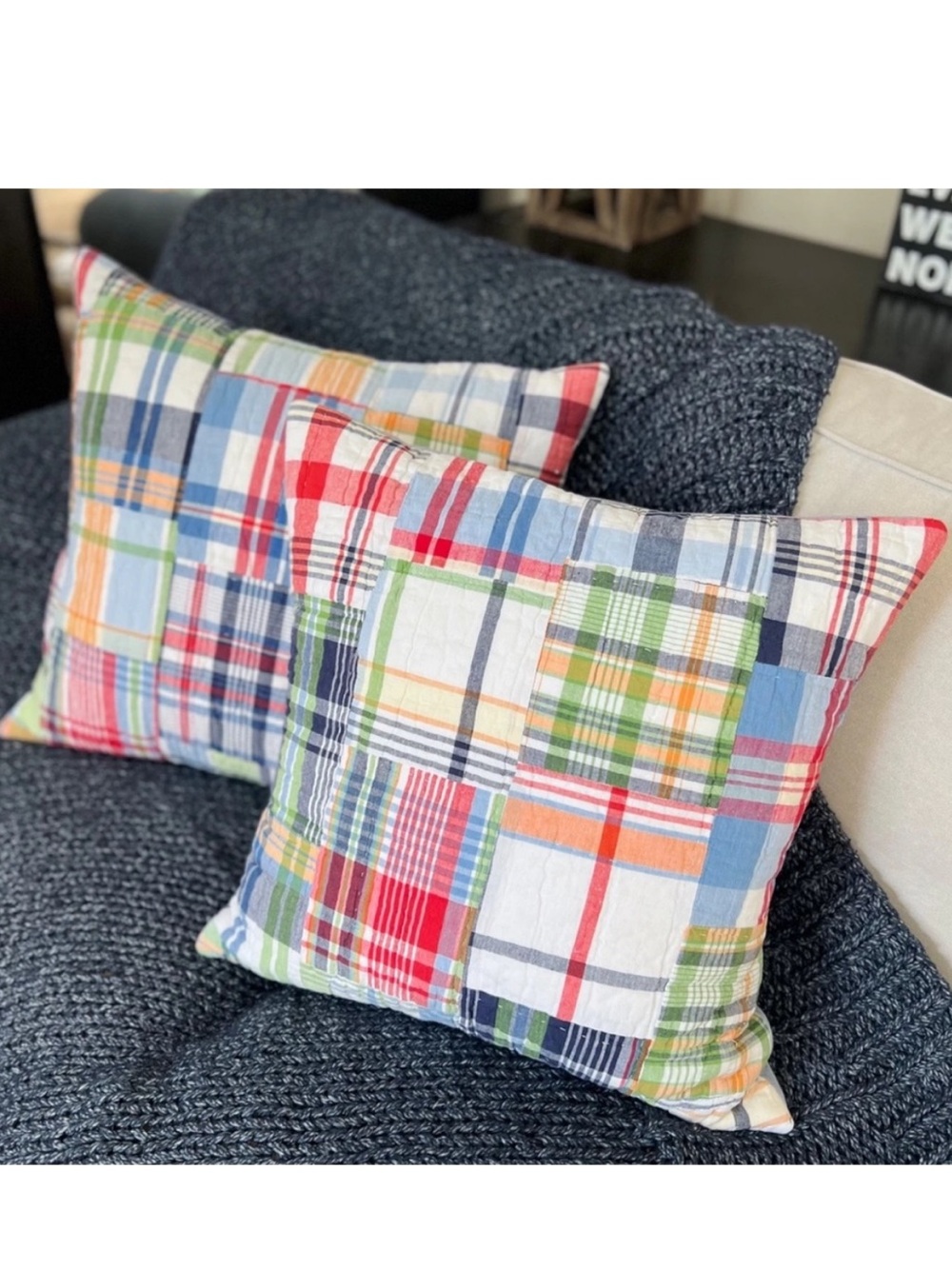 2 Pottery Barn Kids quilted MADRAS
PLAID 20" throw accent PILLOW COVERS
custom